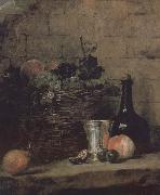 Silver wine bottle grapes peaches plums and pears Jean Baptiste Simeon Chardin